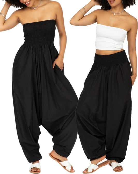 Jumpsuits for Women - Pull down Romper to Harem Pants Women - One Size Cotton Jumpers - Maxi Length Outfit & Pockets